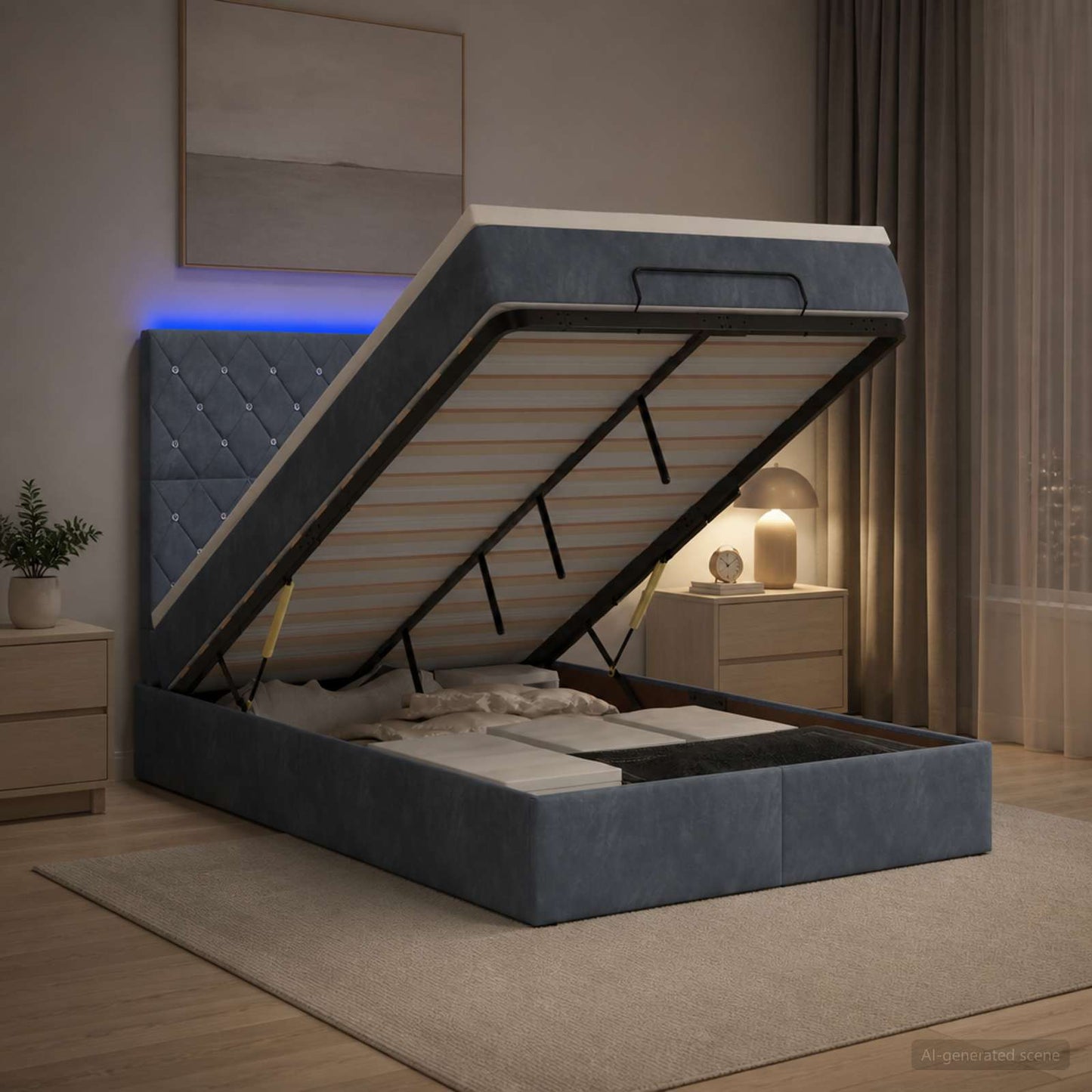 Ottoman-Bett mit Matratze und LED Dunkelgrau 120 x 190 cm Samt