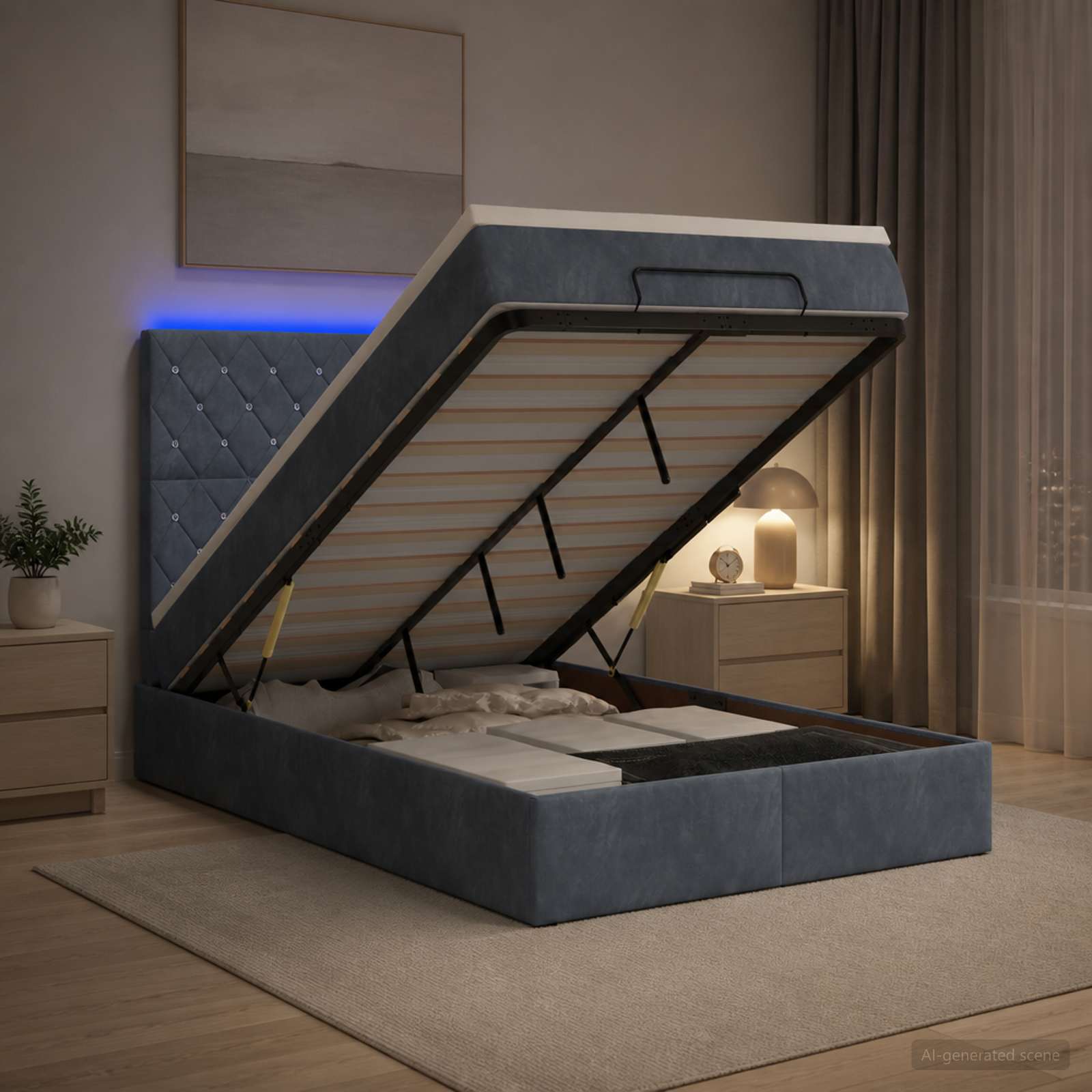 Ottoman-Bett mit Matratze und LED Dunkelgrau 120 x 200 cm Samt