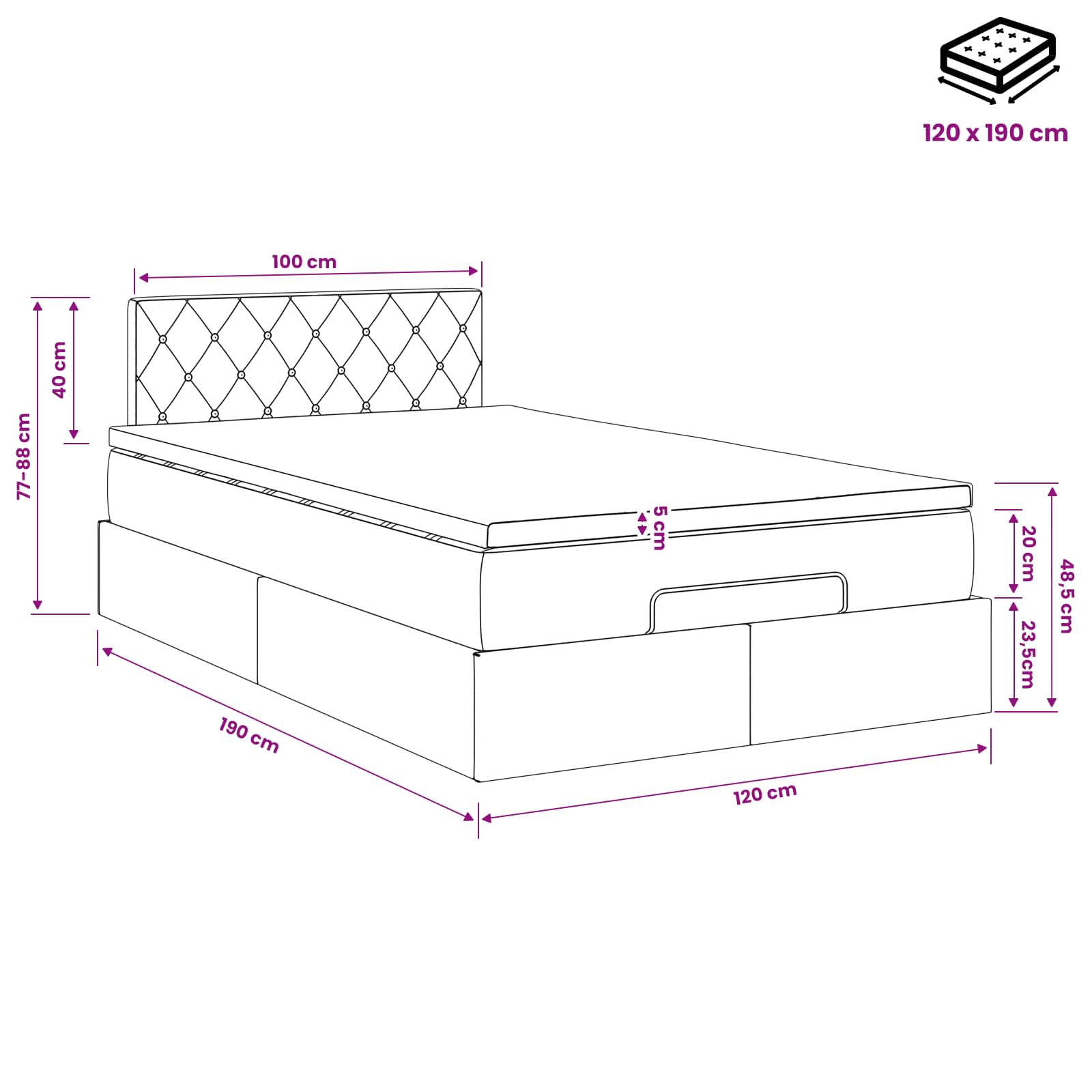 Ottoman-Bett mit Matratze und LED Dunkelgrau 120 x 190 cm Samt