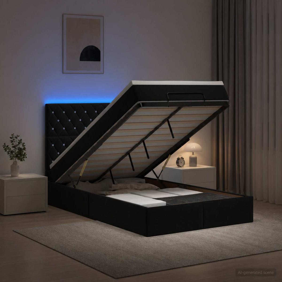 Ottoman-Bett mit Matratze und LED Schwarz 120 x 200 cm Samt