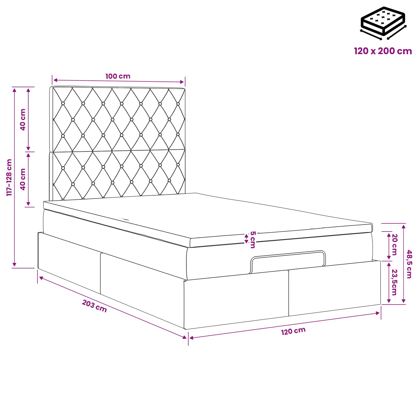 Ottoman-Bett mit Matratze und LED Hellgrau 120 x 200 cm Samt