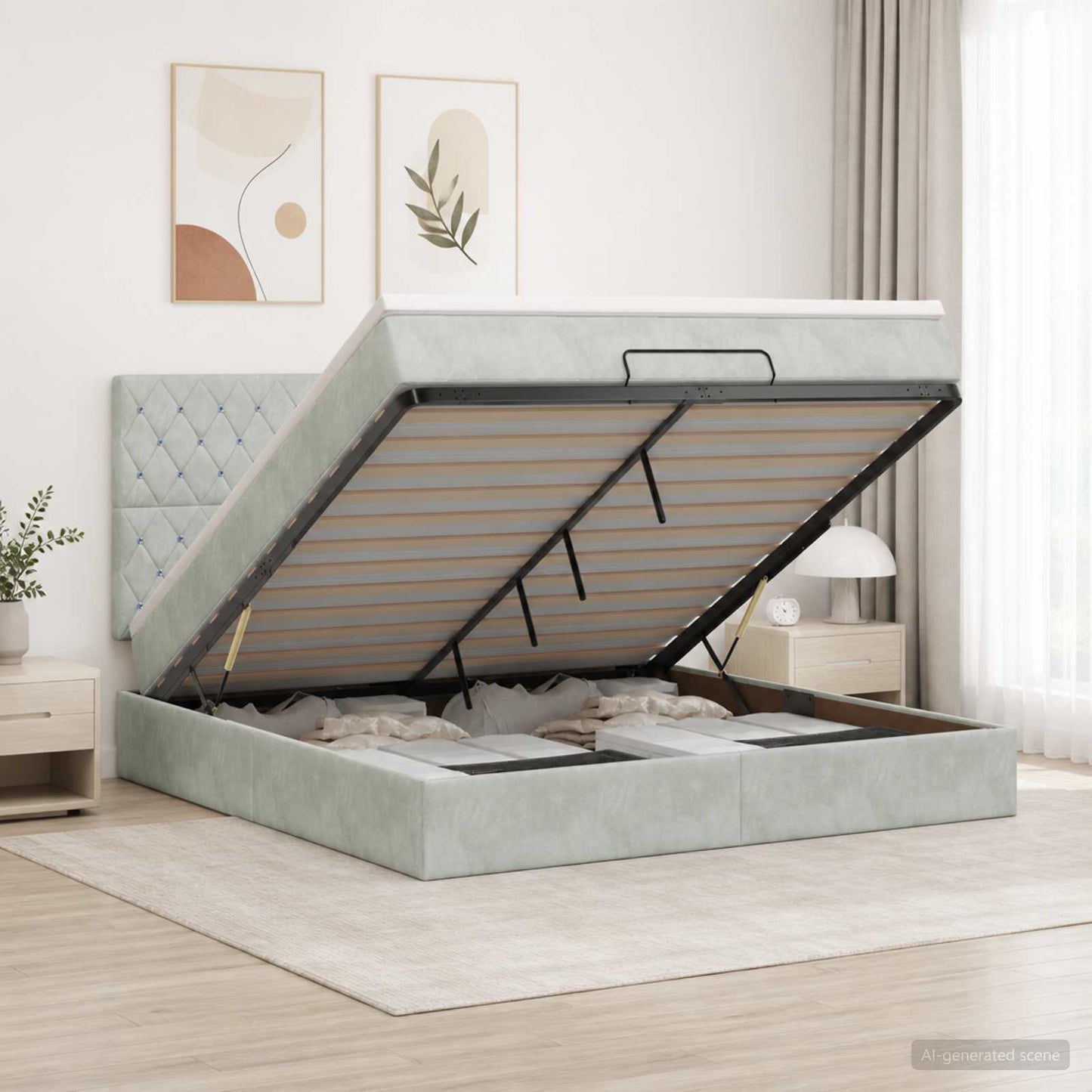 Ottoman Bett mit Matratze Hellgrau 140 x 200 cm Samt
