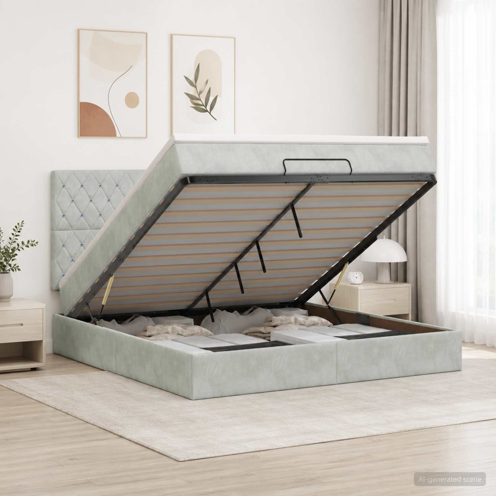 Ottoman-Bett mit Matratze und LED Hellgrau 140 x 200 cm Samt
