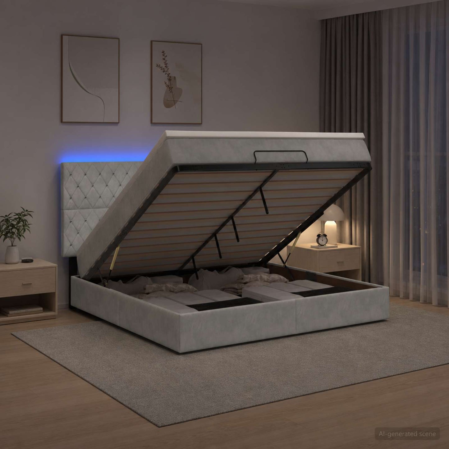 Ottoman-Bett mit Matratze und LED Hellgrau 140 x 190 cm Samt