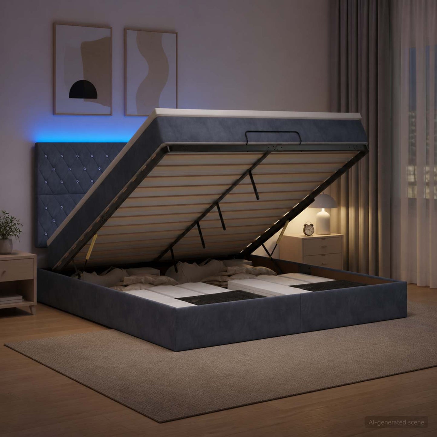Ottoman-Bett mit Matratze und LED Dunkelgrau 140 x 200 cm Samt