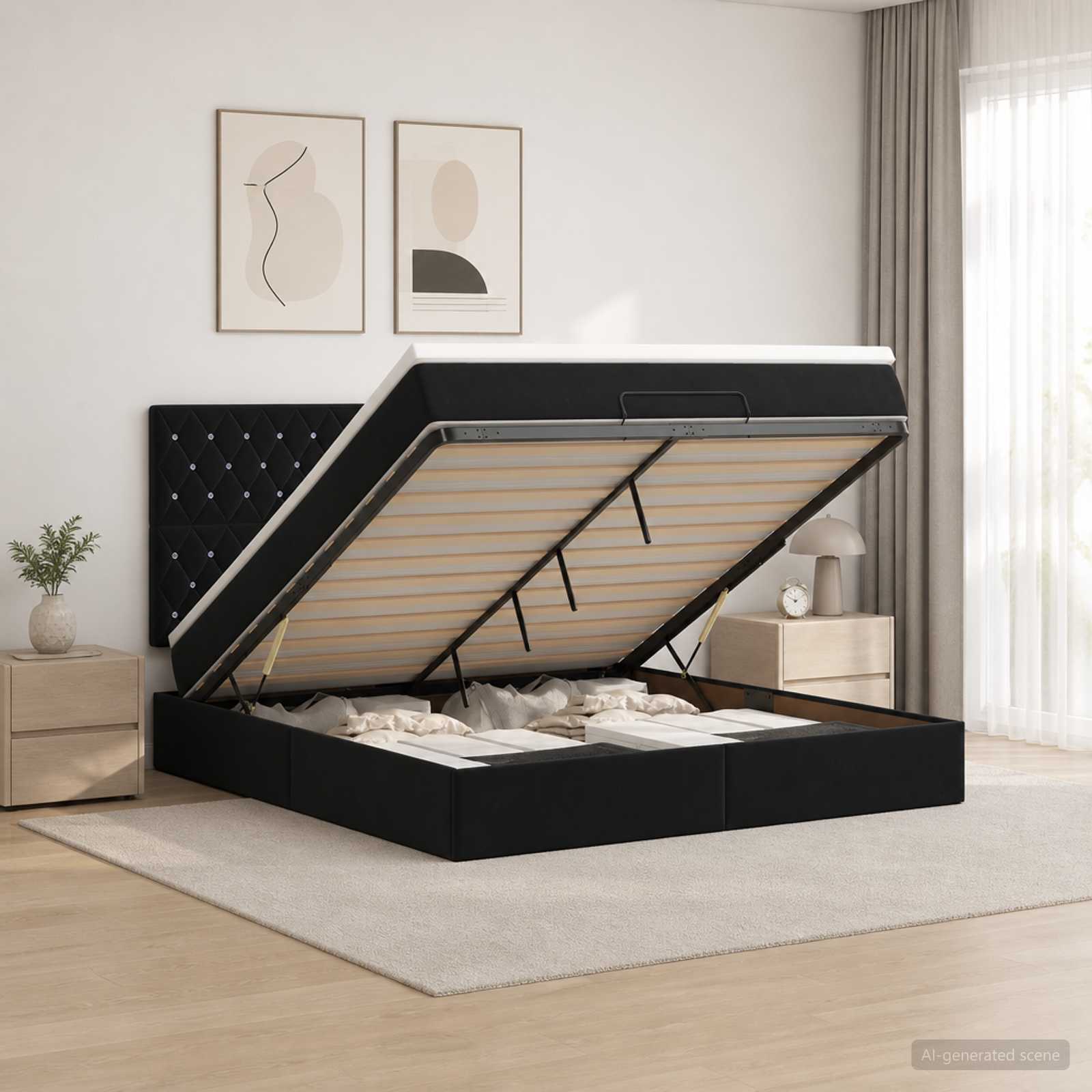 Ottoman-Bett mit Matratze und LED Schwarz 140 x 190 cm Samt