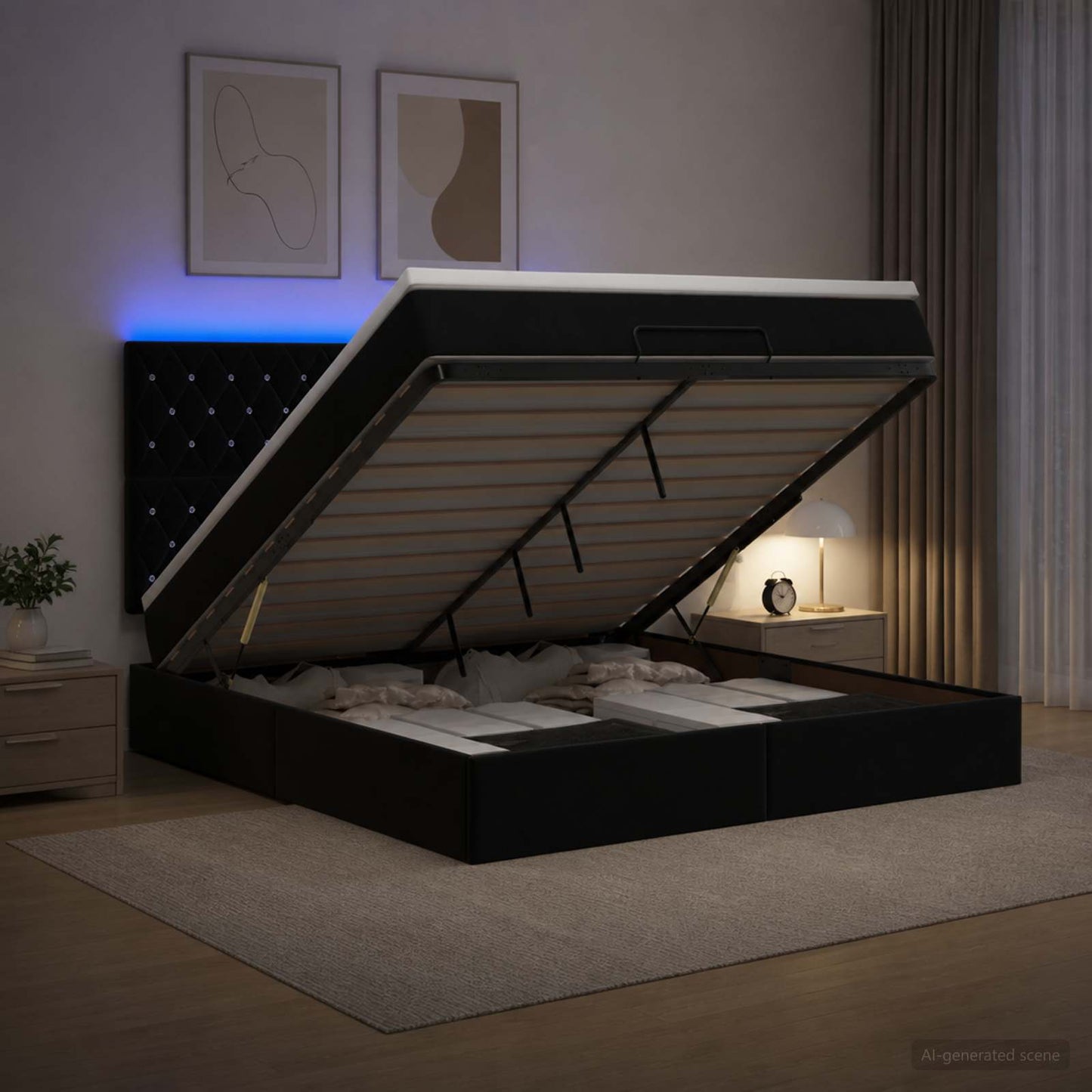 Ottoman-Bett mit Matratze und LED Schwarz 140 x 190 cm Samt