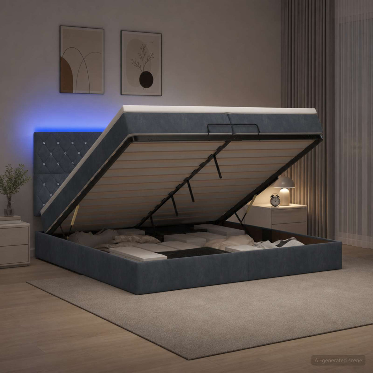 Ottoman-Bett mit Matratze und LED Dunkelgrau 200 x 200 cm Samt
