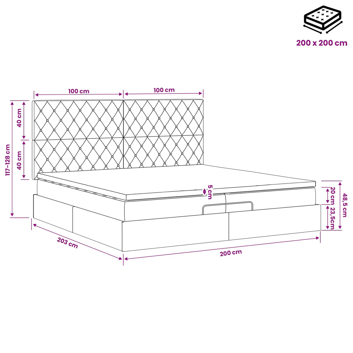 Ottoman-Bett mit Matratze und LED Dunkelgrau 200 x 200 cm Samt