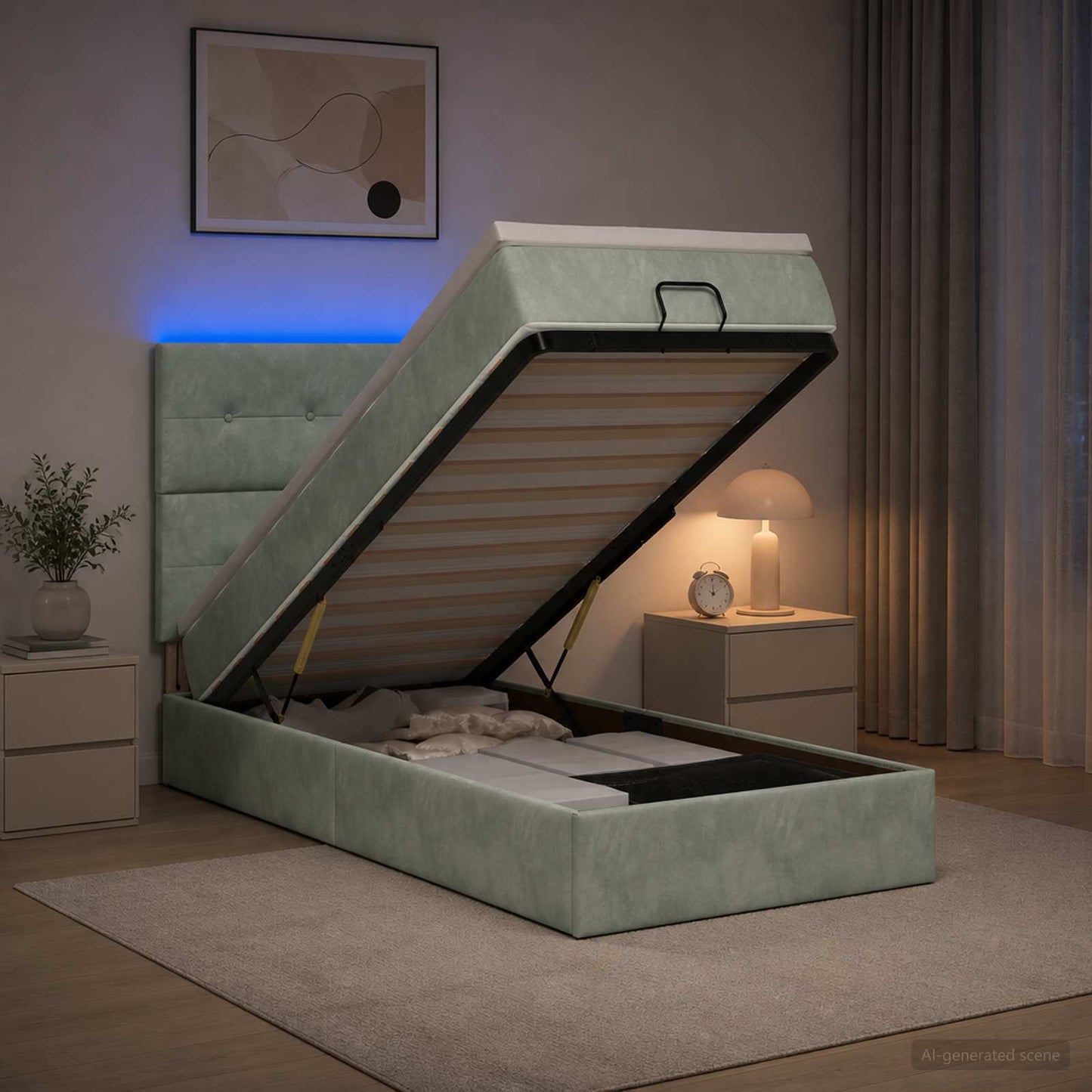 Ottoman-Bett mit Matratze und LED Hellgrau 90 x 190 cm Samt