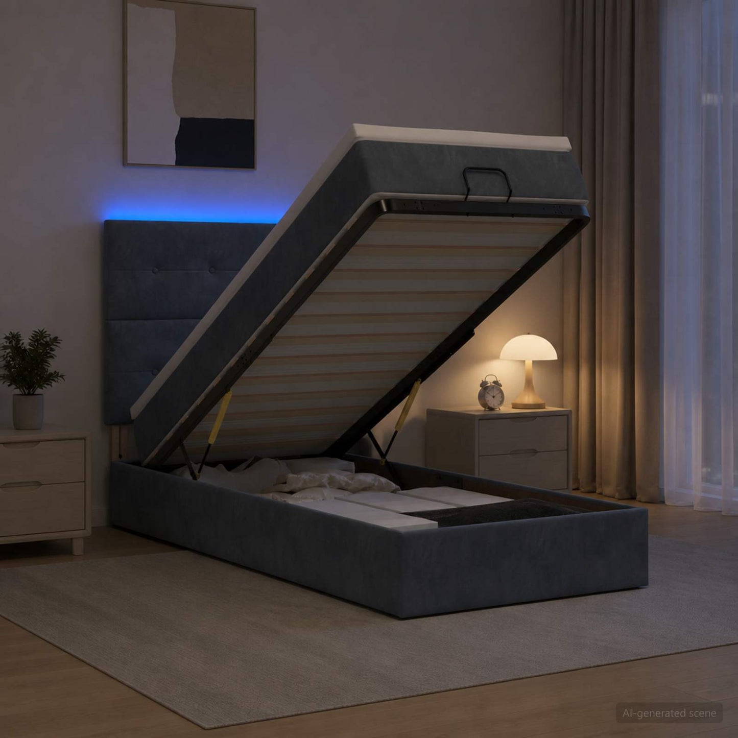 Ottoman-Bett mit Matratze und LED Dunkelgrau 100 x 200 cm Samt