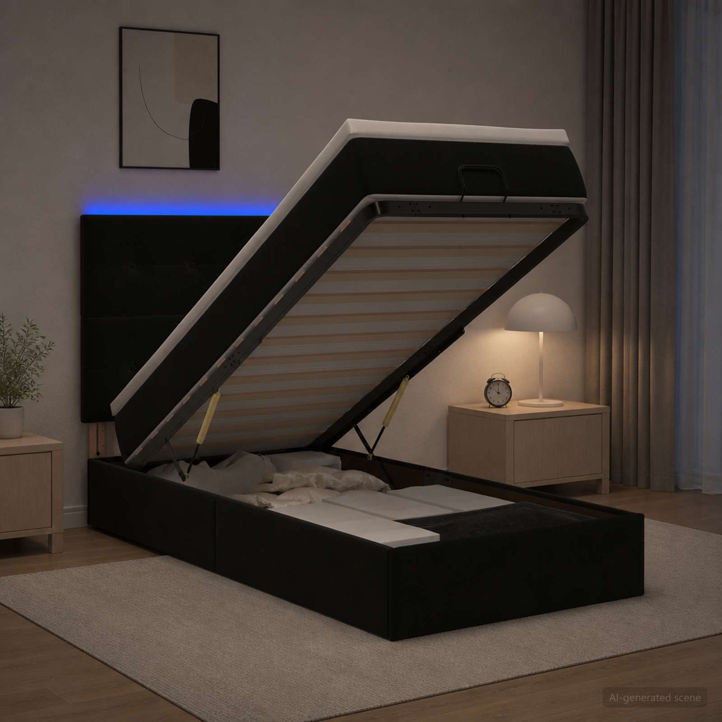 Ottoman-Bett mit Matratze und LED Schwarz 100 x 200 cm Samt
