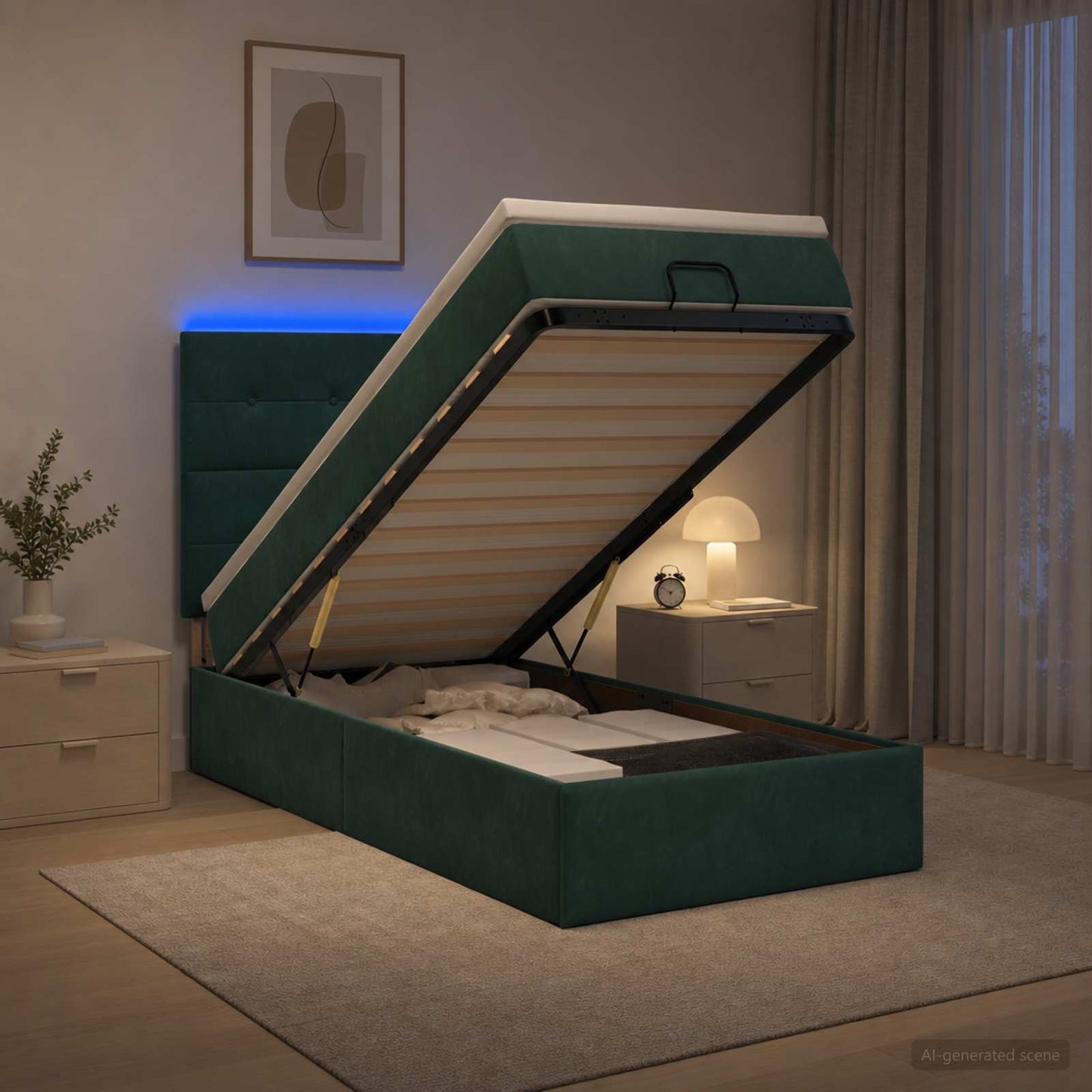 Ottoman-Bett mit Matratze und LED Dunkelgrün 90 x 190 cm Samt