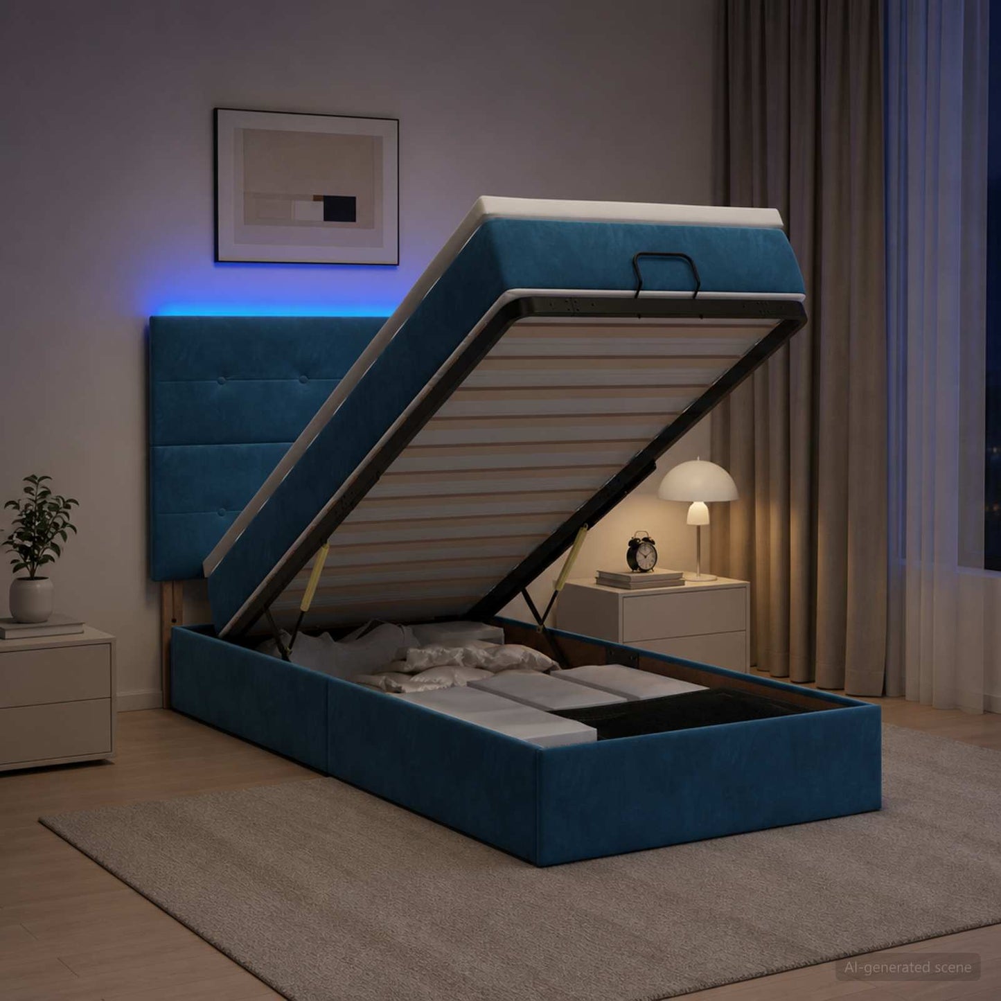 Ottoman-Bett mit Matratze und LED Dunkelblau 90 x 200 cm Samt