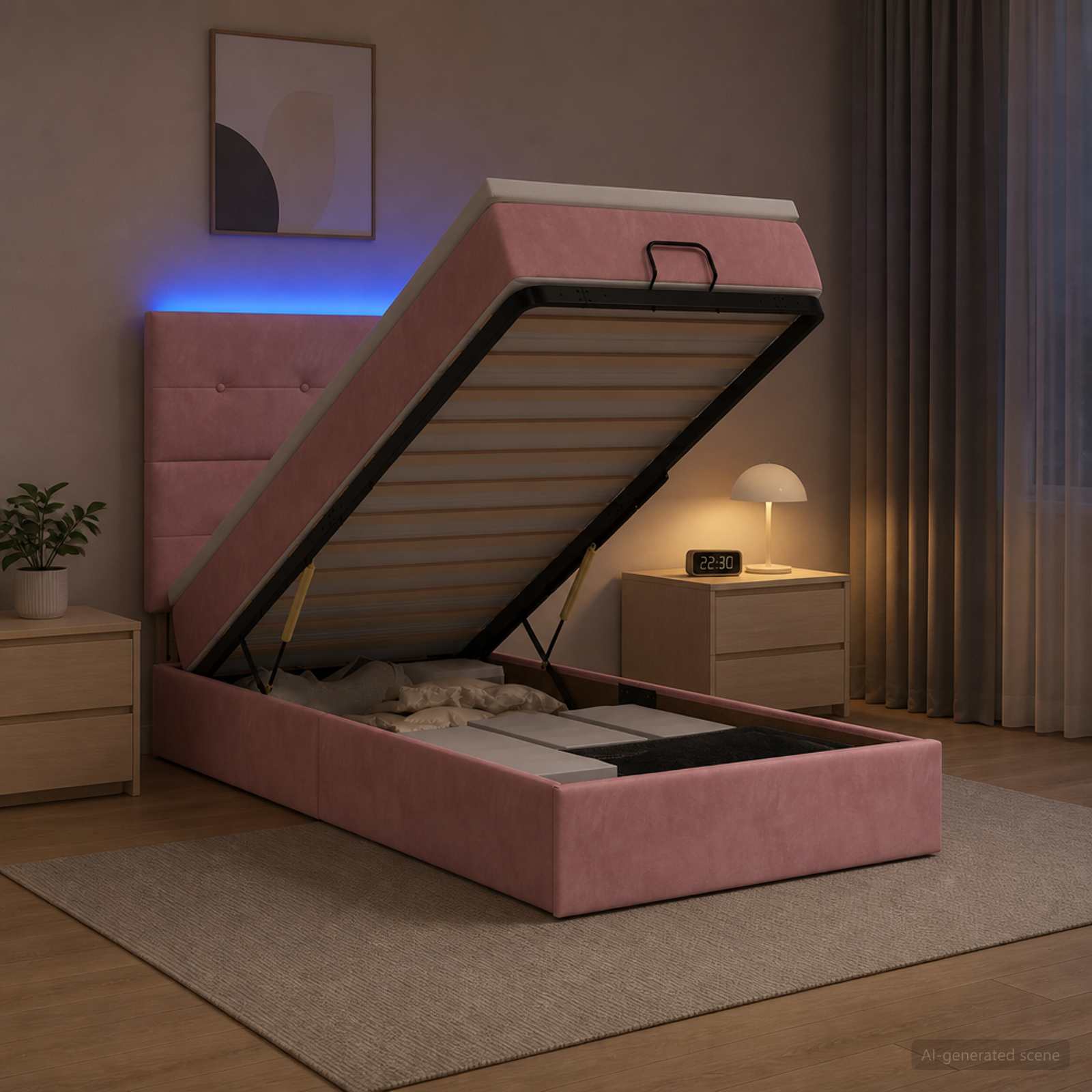 Ottoman-Bett mit Matratze und LED Rosa 100 x 200 cm Samt