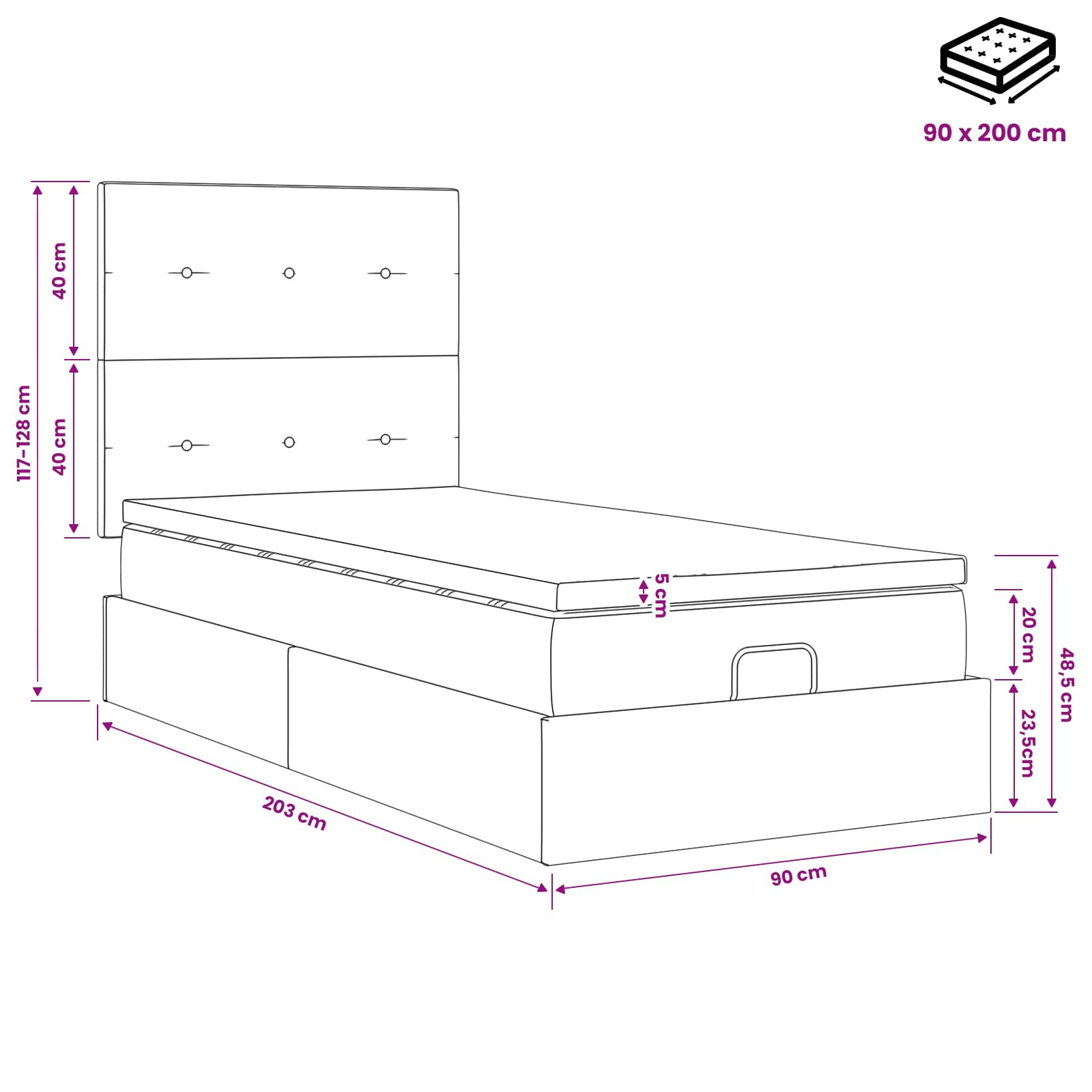 Ottoman-Bett mit Matratze und LED Hellgrau 90 x 200 cm Samt