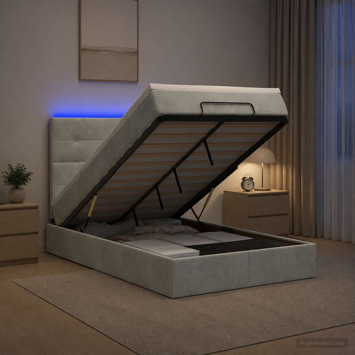 Ottoman-Bett mit Matratze und LED Hellgrau 120 x 190 cm Samt