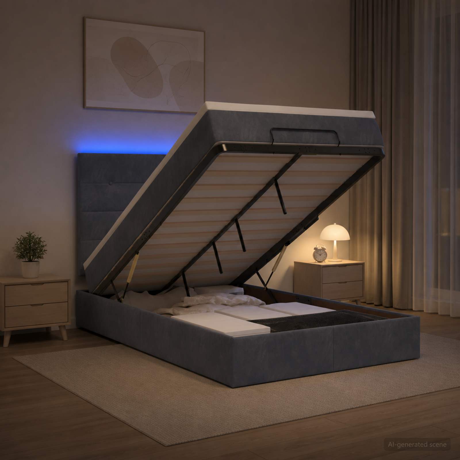 Ottoman-Bett mit Matratze und LED Dunkelgrau 120 x 200 cm Samt