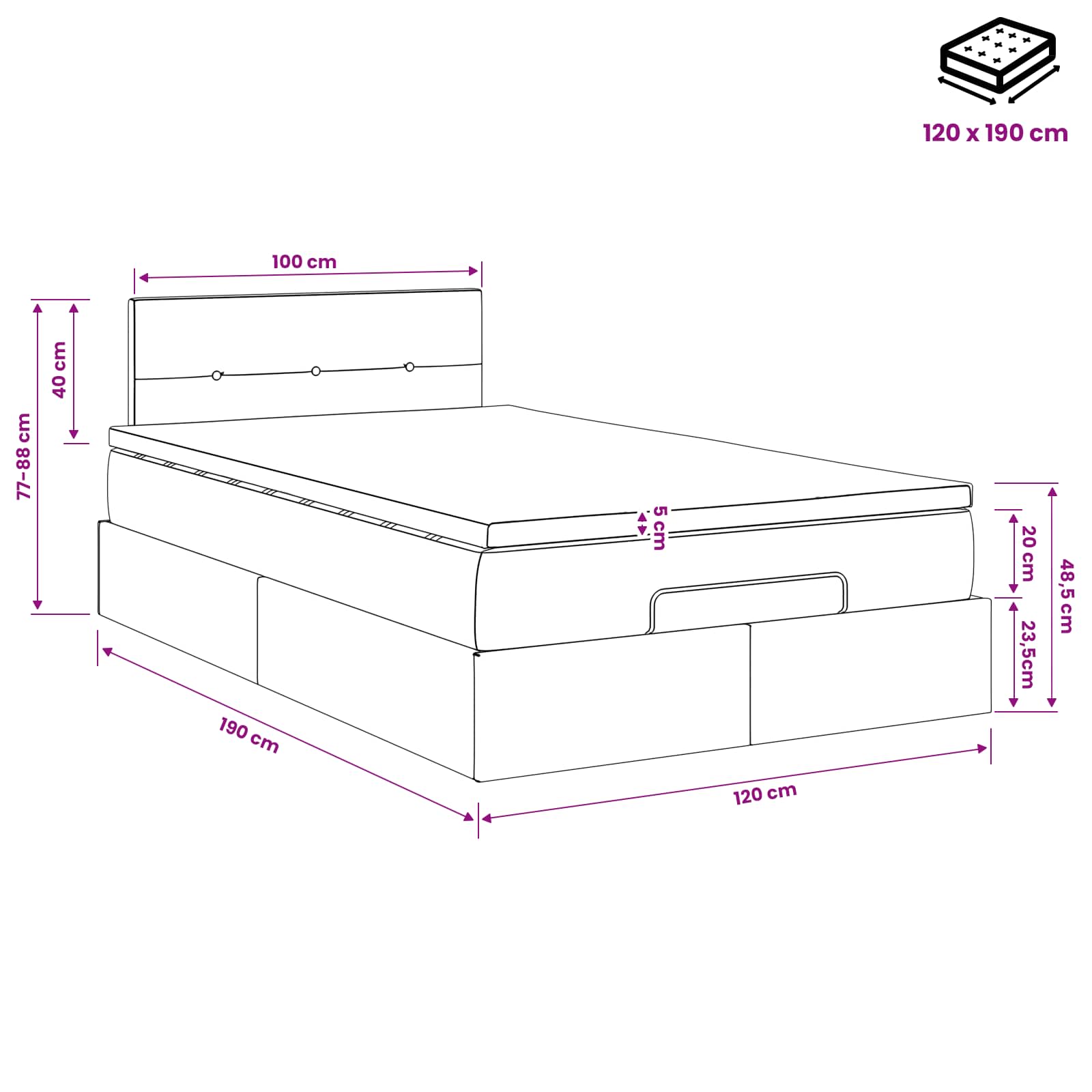 Ottoman-Bett mit Matratze und LED Dunkelgrau 120 x 190 cm Samt