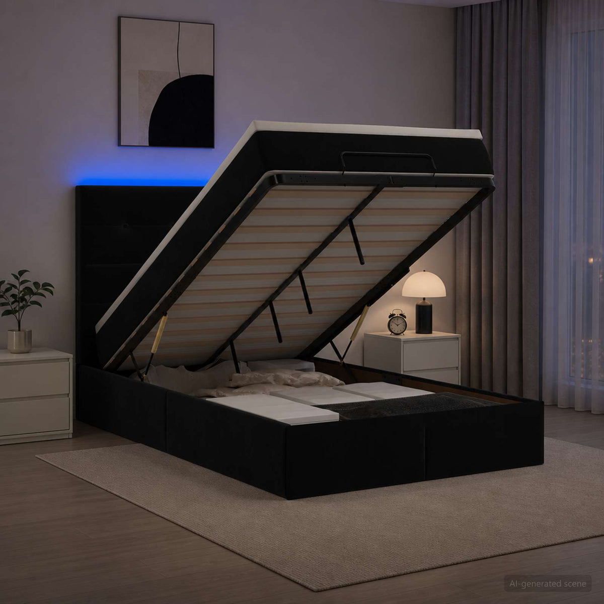 Ottoman-Bett mit Matratze und LED Schwarz 120 x 200 cm Samt