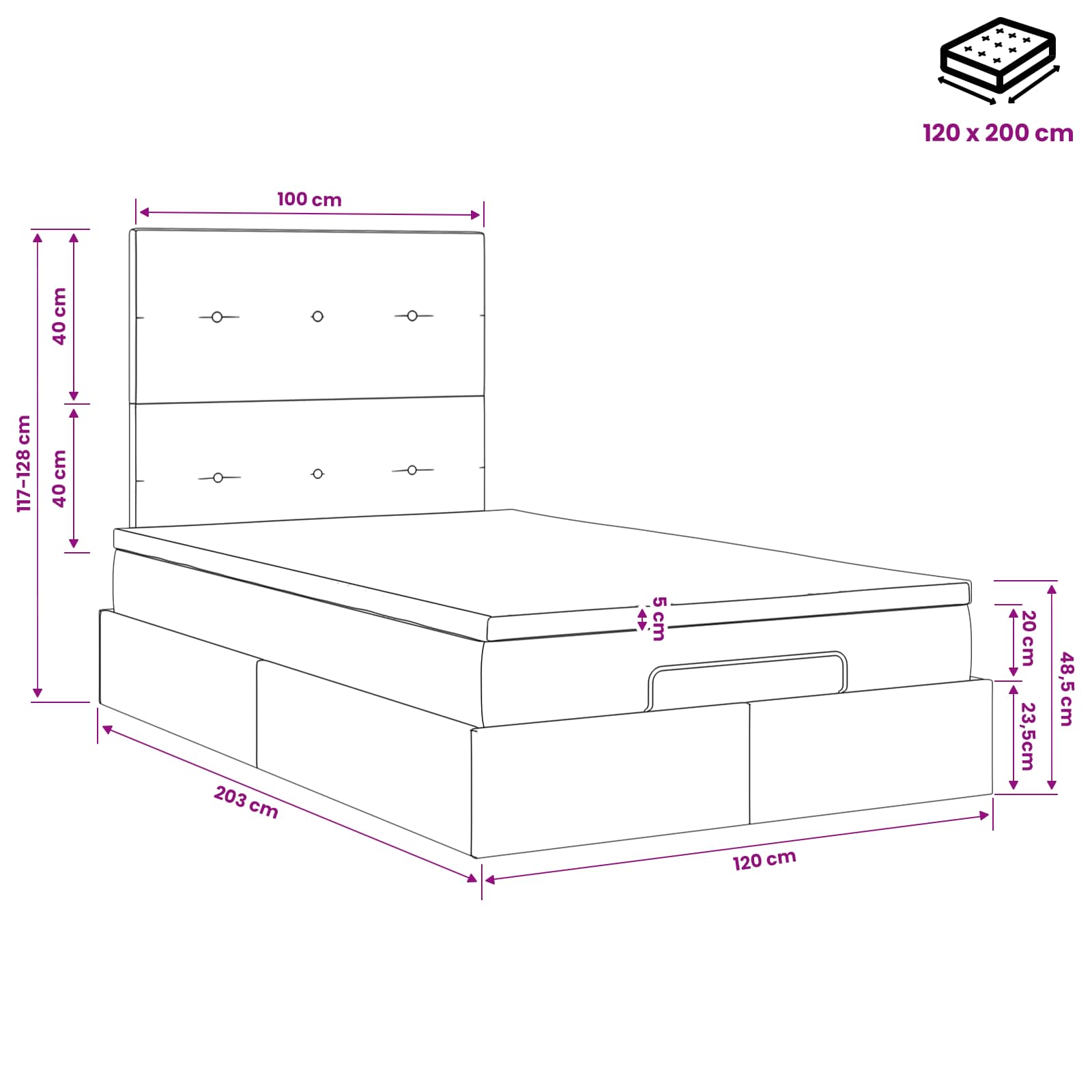 Ottoman-Bett mit Matratze und LED Hellgrau 120 x 200 cm Samt