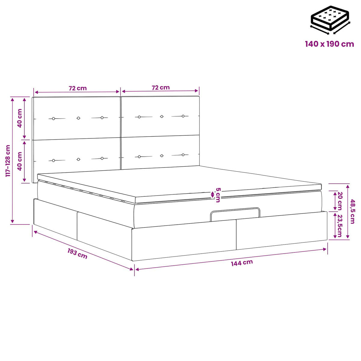 Ottoman-Bett mit Matratze und LED Hellgrau 140 x 190 cm Samt
