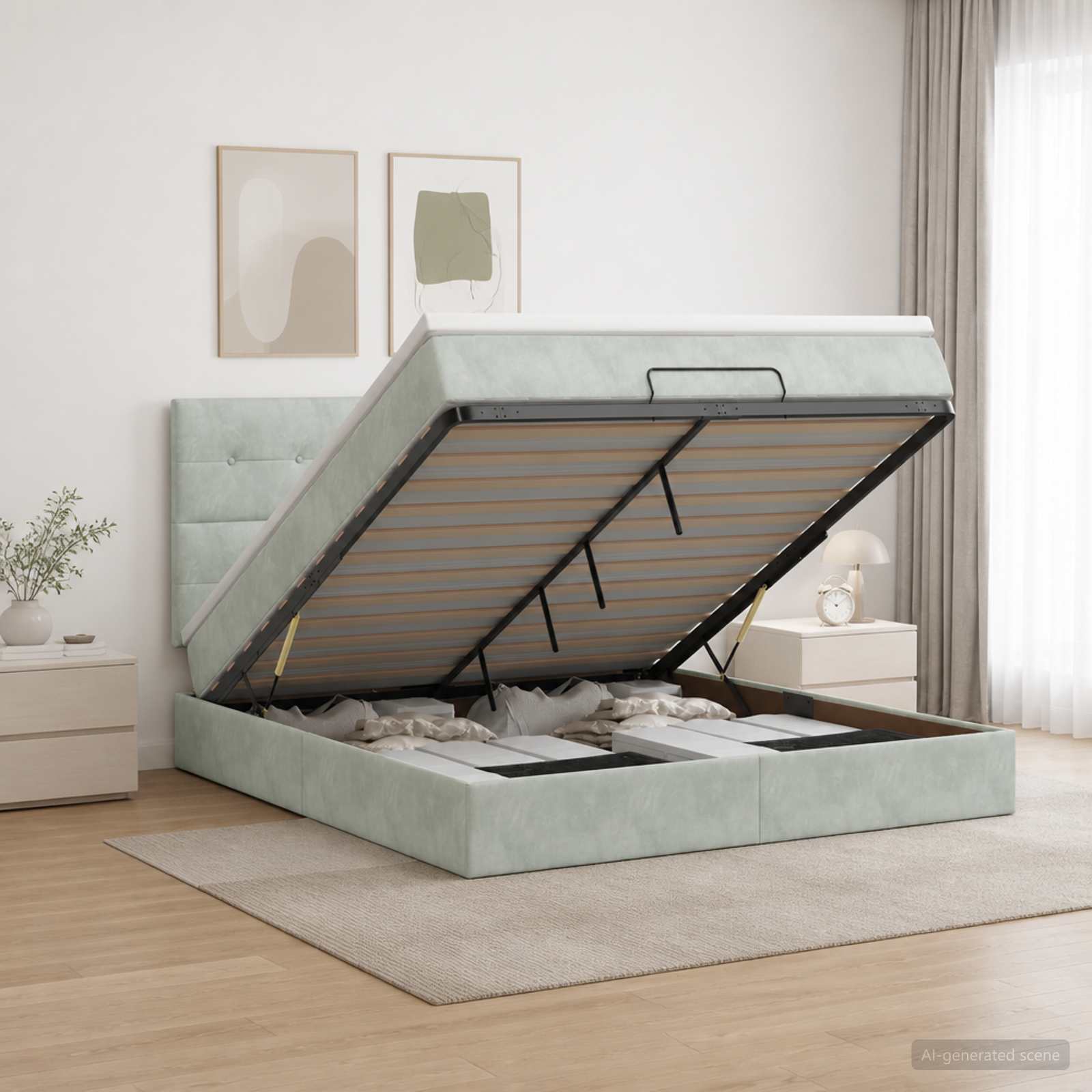 Ottoman Bett mit Matratze Hellgrau 180 x 200 cm Samt