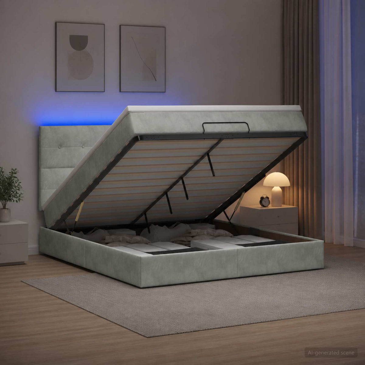Ottoman-Bett mit Matratze und LED Hellgrau 140 x 200 cm Samt