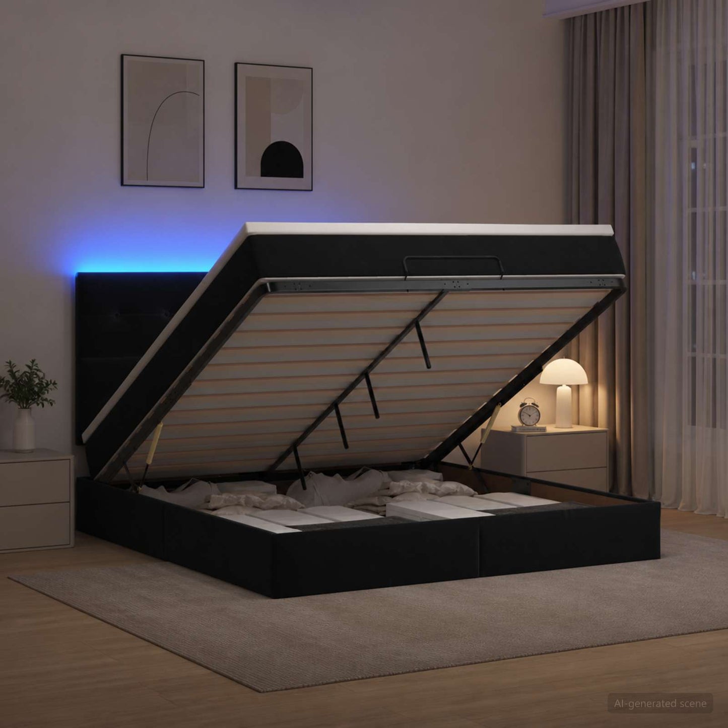 Ottoman-Bett mit Matratze und LED Schwarz 140 x 190 cm Samt