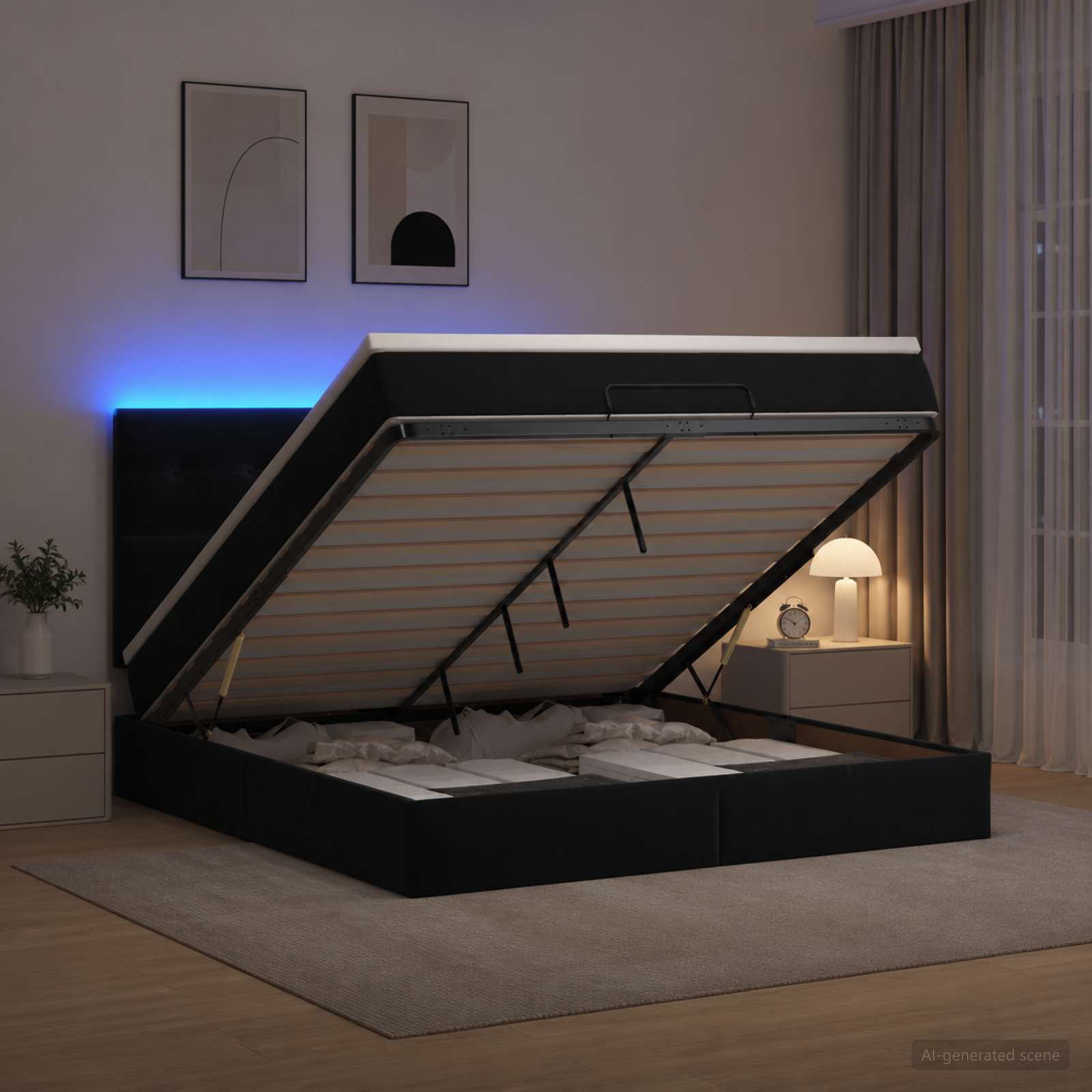 Ottoman-Bett mit Matratze und LED Schwarz 140 x 200 cm Samt