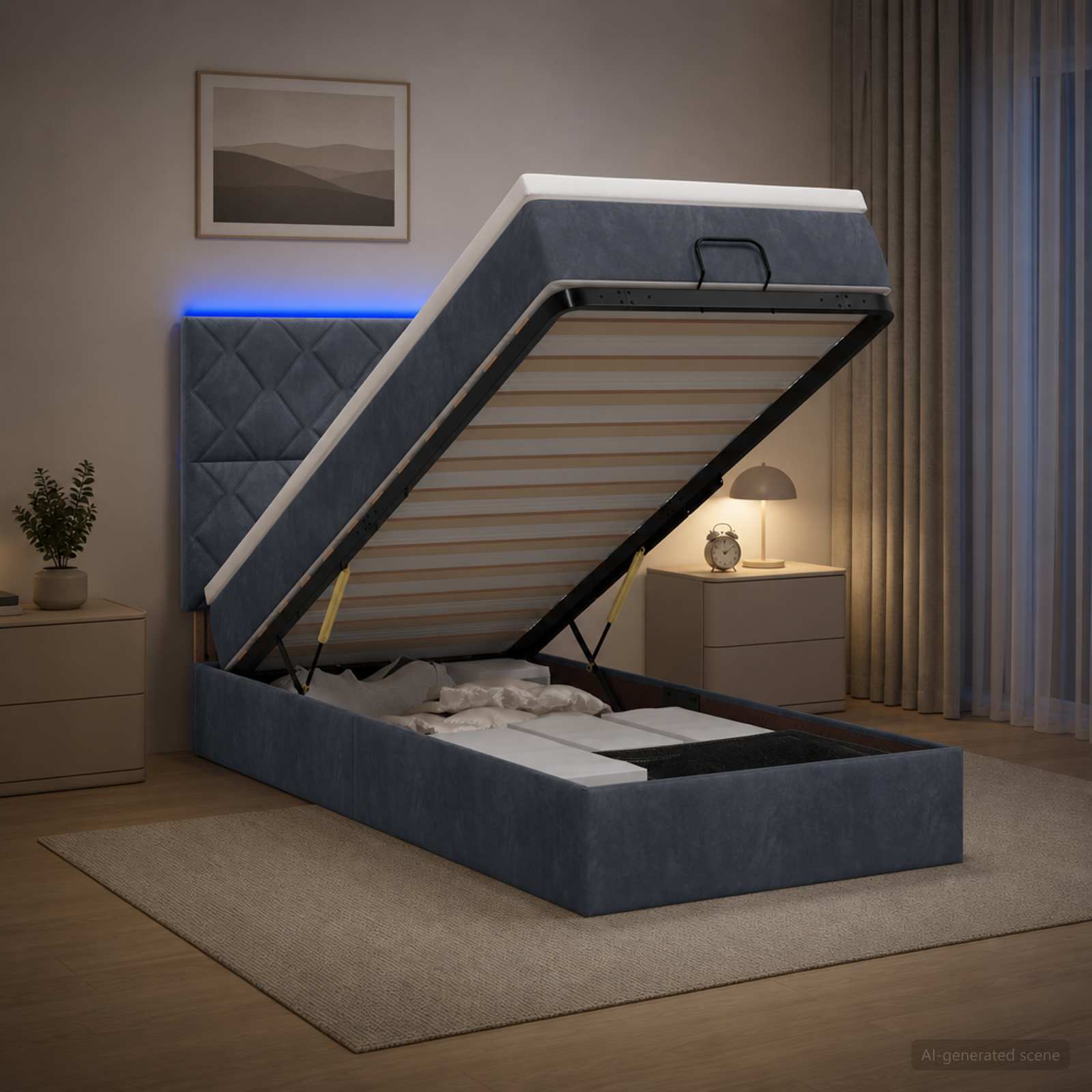 Ottoman-Bett mit Matratze und LED Dunkelgrau 90 x 190 cm Samt