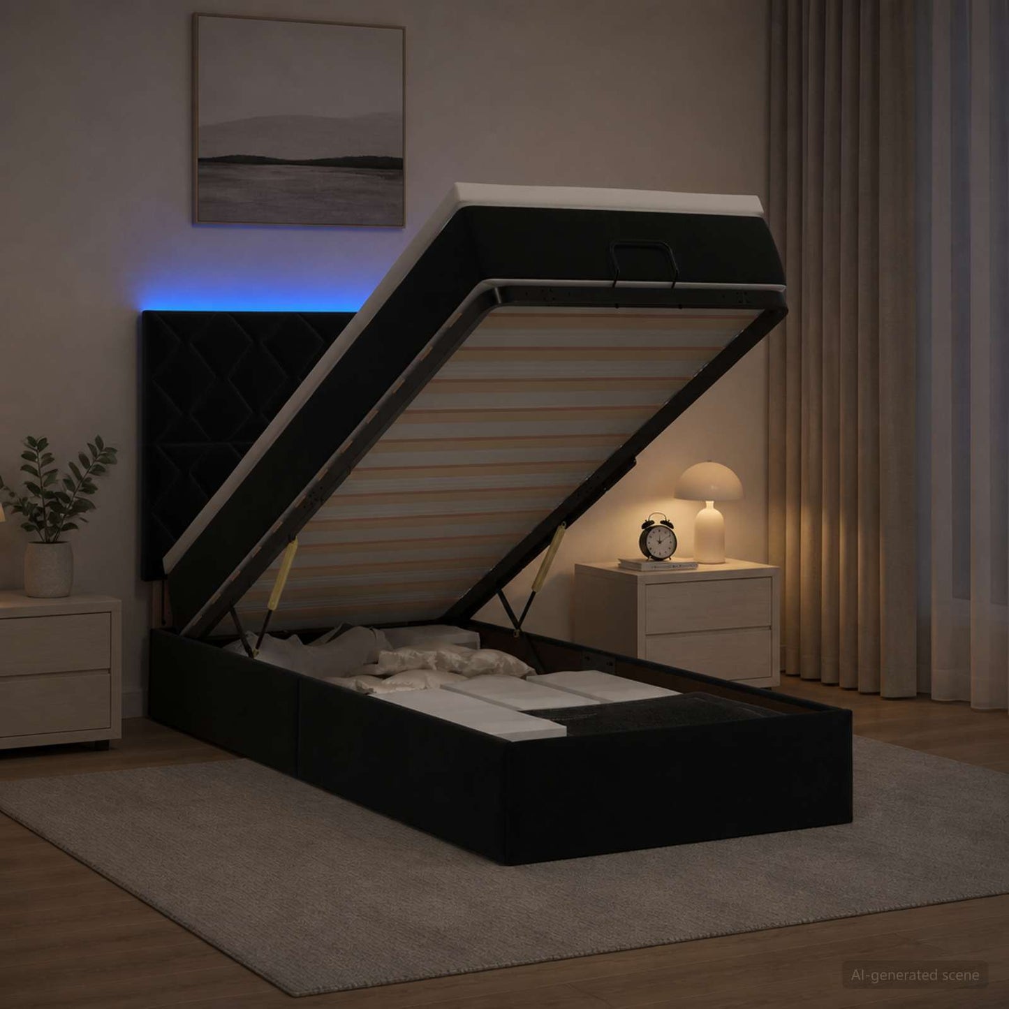 Ottoman-Bett mit Matratze und LED Schwarz 90 x 190 cm Samt