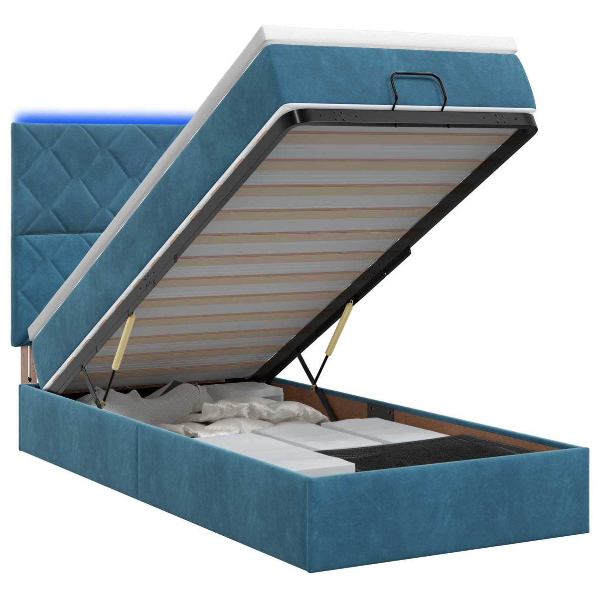 Ottoman-Bett mit Matratze und LED Dunkelblau 100 x 200 cm Samt