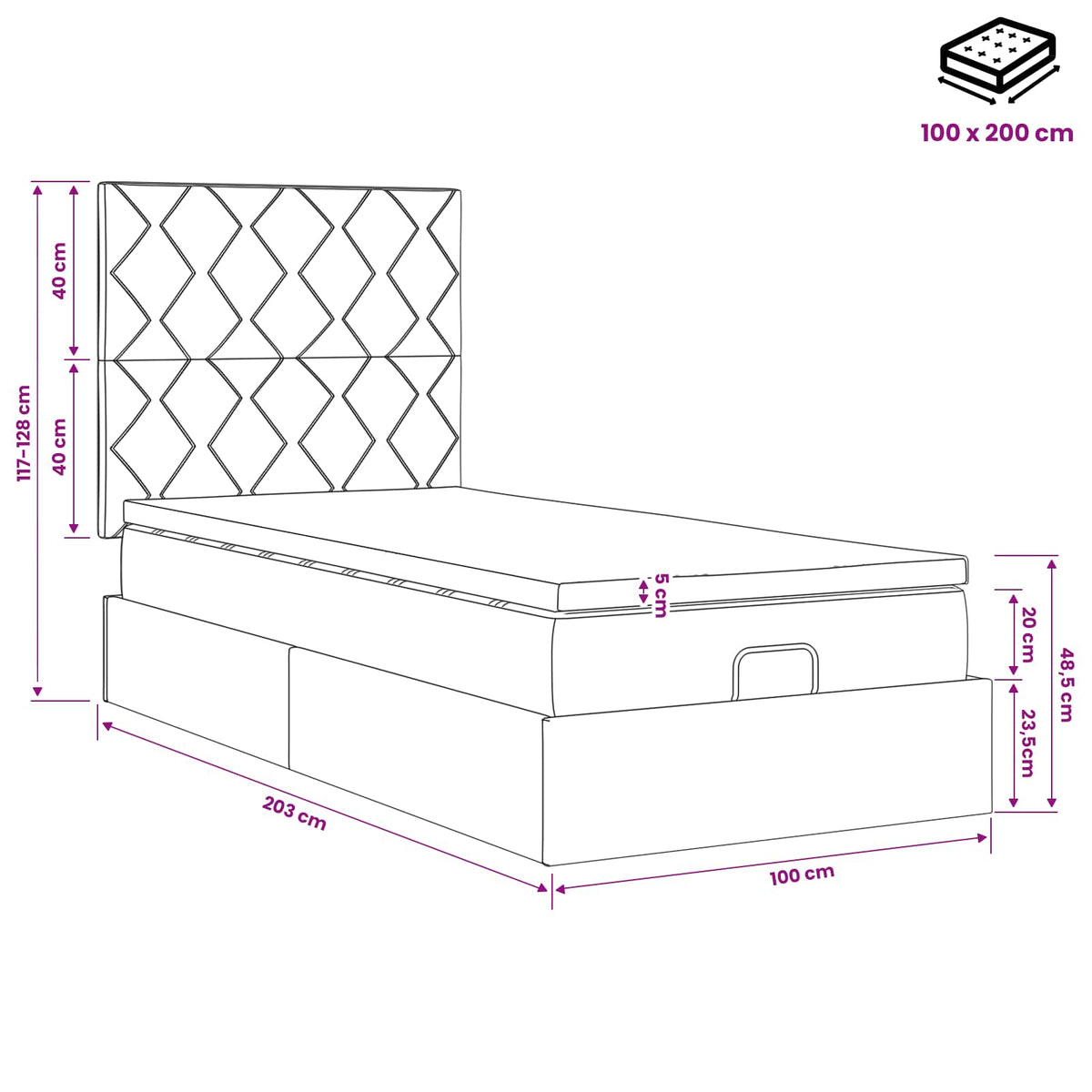 Ottoman-Bett mit Matratze und LED Dunkelblau 100 x 200 cm Samt