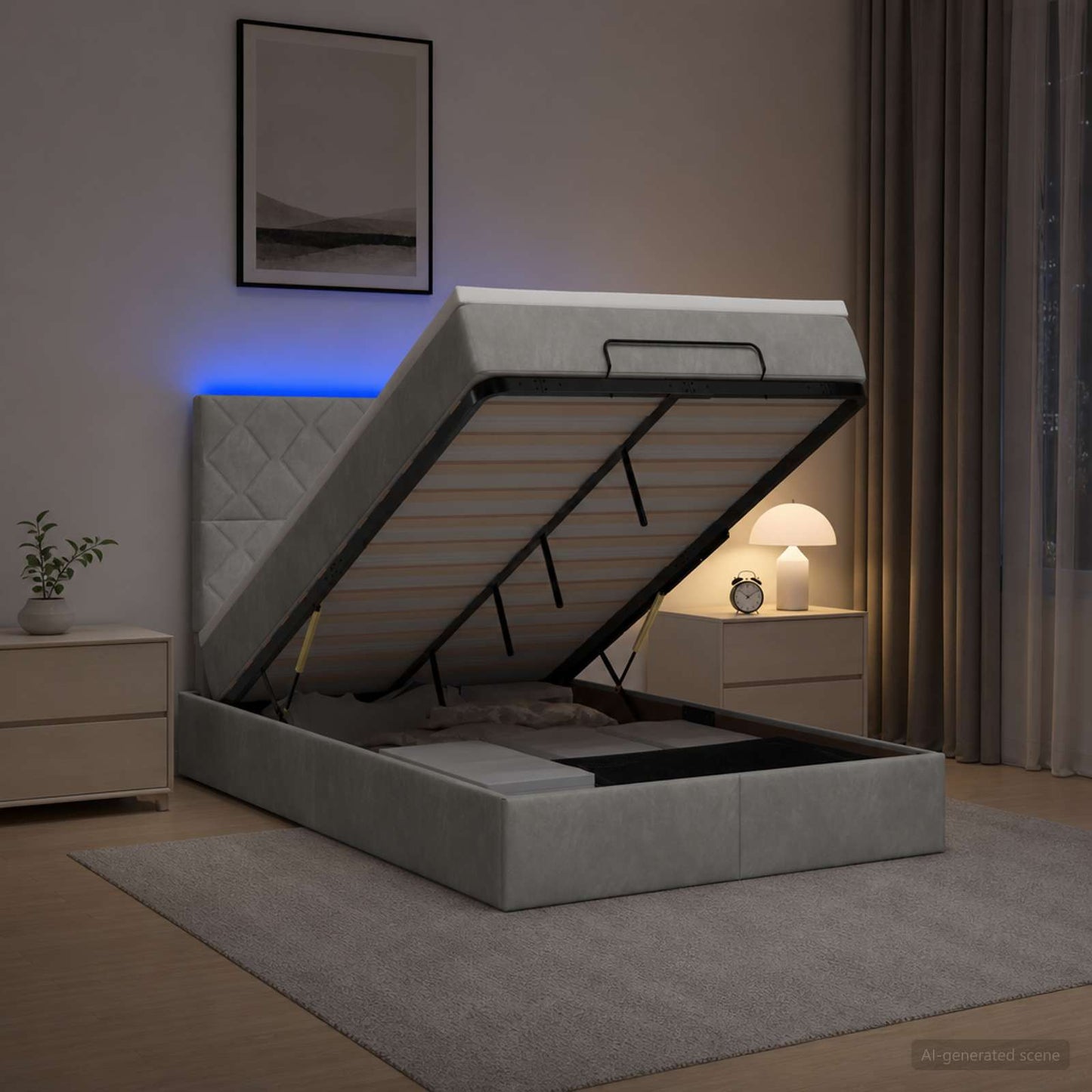 Ottoman-Bett mit Matratze und LED Hellgrau 120 x 200 cm Samt
