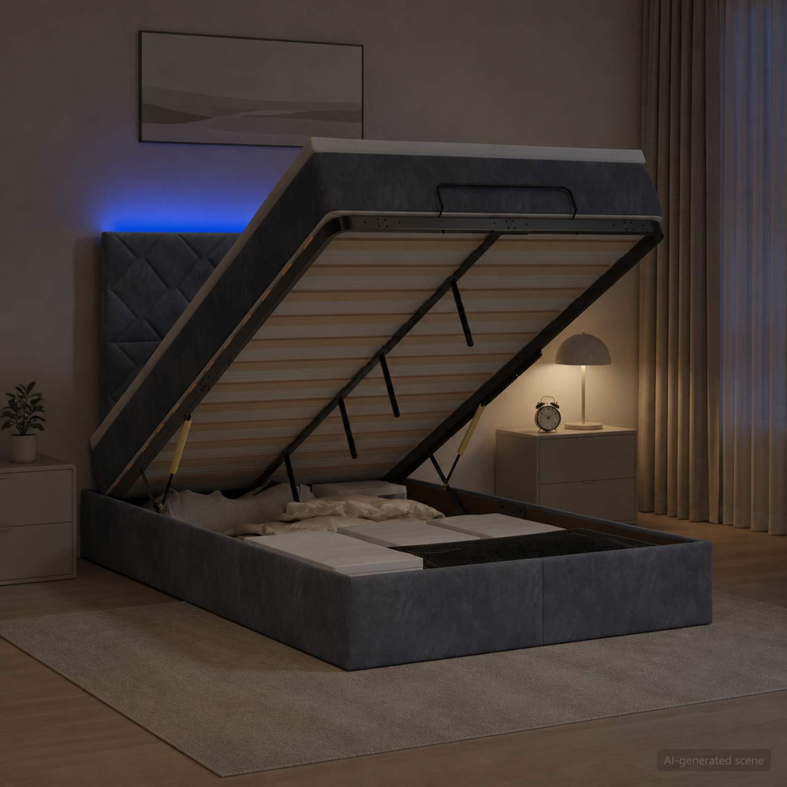 Ottoman-Bett mit Matratze und LED Dunkelgrau 120 x 200 cm Samt