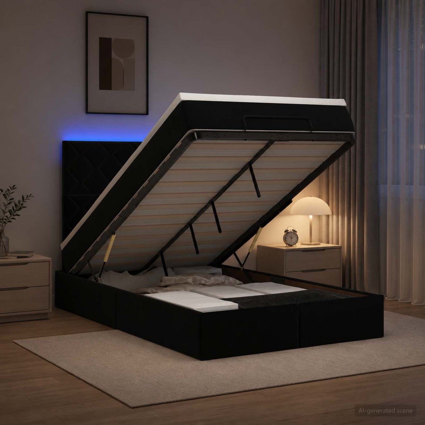 Ottoman-Bett mit Matratze und LED Schwarz 120 x 190 cm Samt