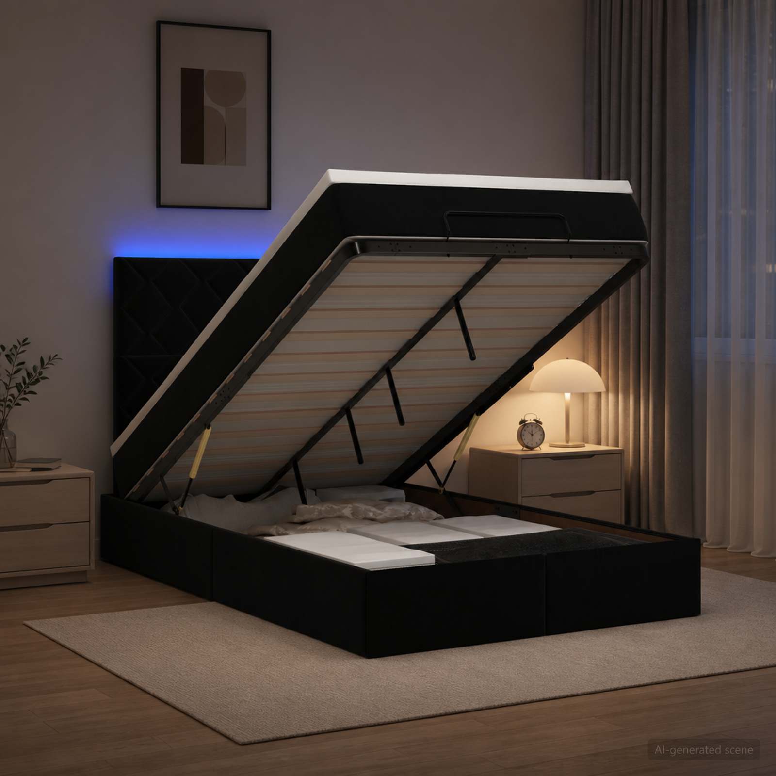 Ottoman-Bett mit Matratze und LED Schwarz 120 x 190 cm Samt