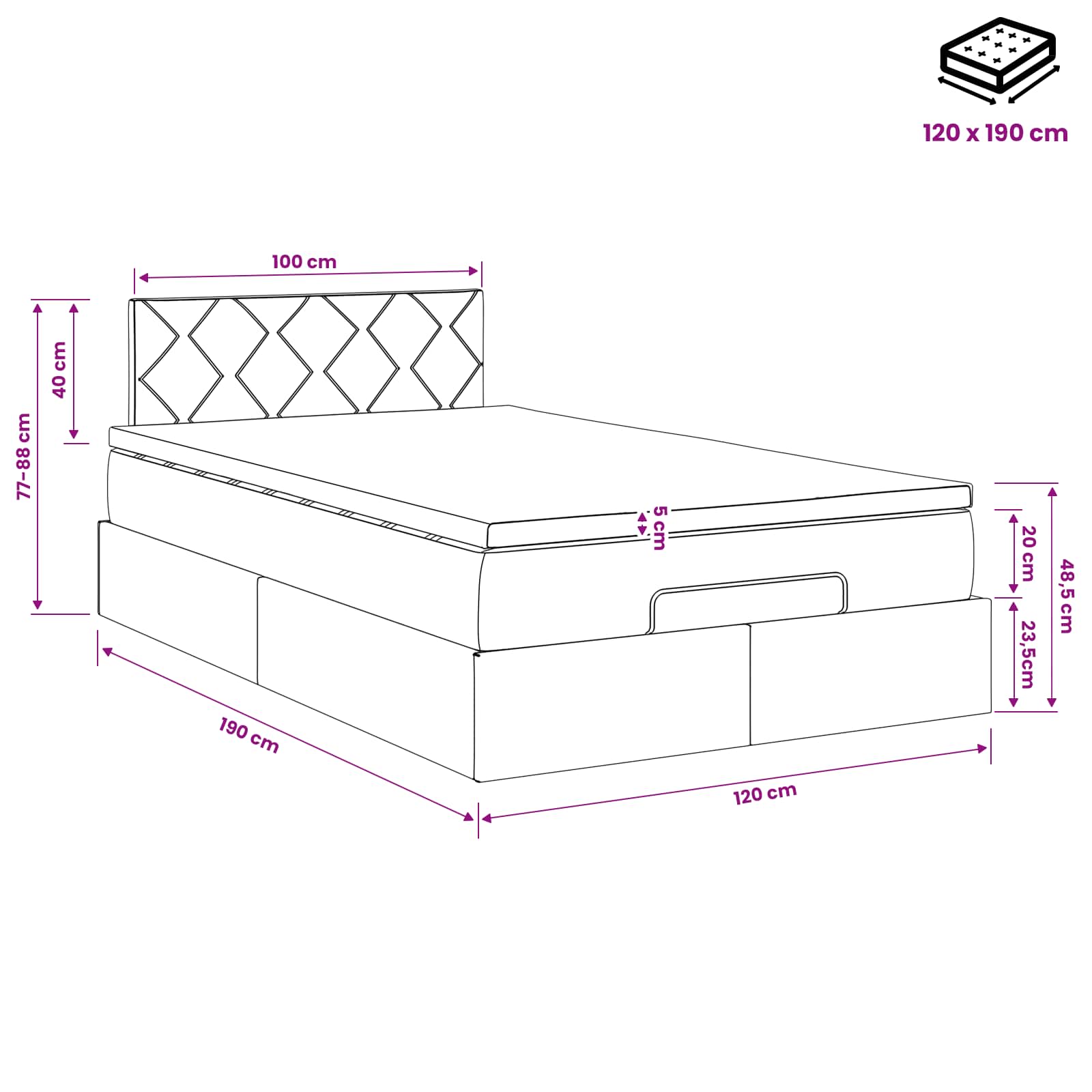 Ottoman-Bett mit Matratze und LED Schwarz 120 x 190 cm Samt