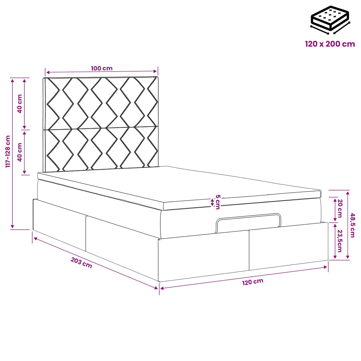 Ottoman-Bett mit Matratze und LED Dunkelblau 120 x 200 cm Samt