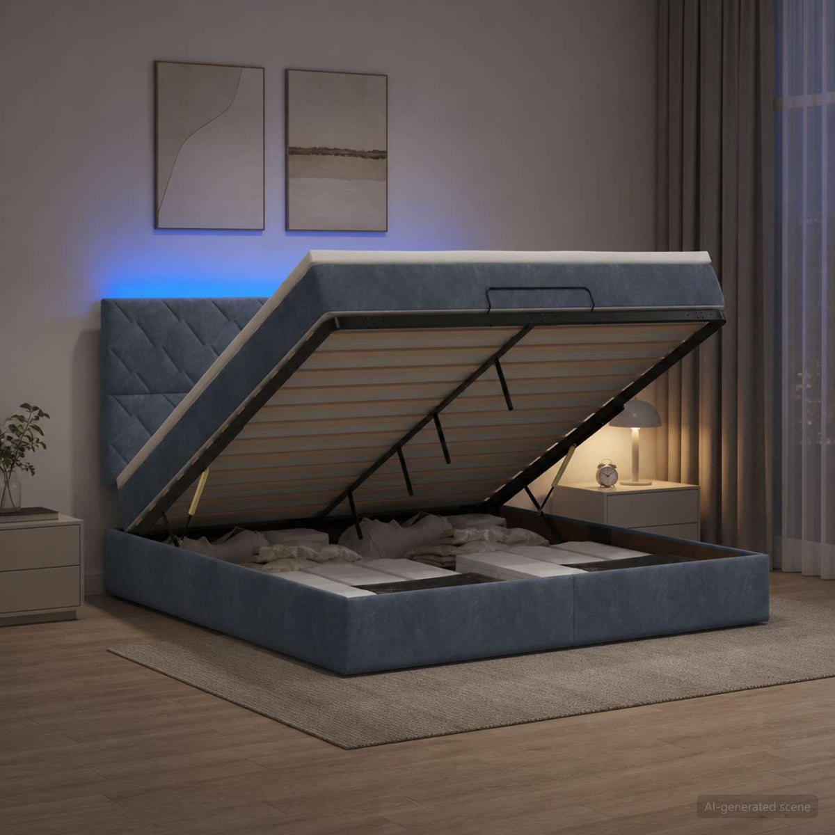 Ottoman-Bett mit Matratze und LED Dunkelgrau 140 x 190 cm Samt