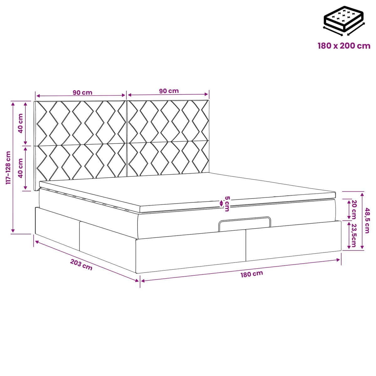 Ottoman-Bett mit Matratze und LED Dunkelgrau 180 x 200 cm Samt