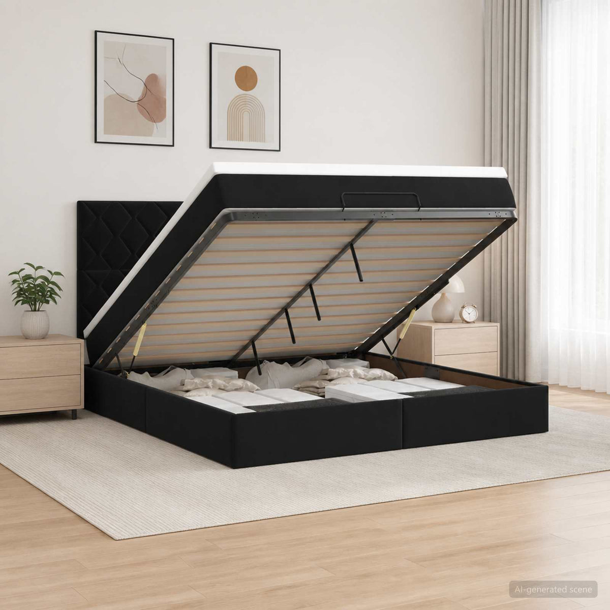 Ottoman-Bett mit Matratze und LED Schwarz 140 x 190 cm Samt