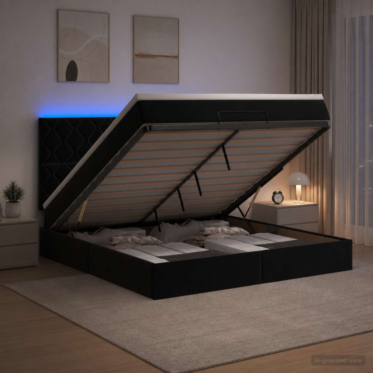 Ottoman-Bett mit Matratze und LED Schwarz 140 x 190 cm Samt