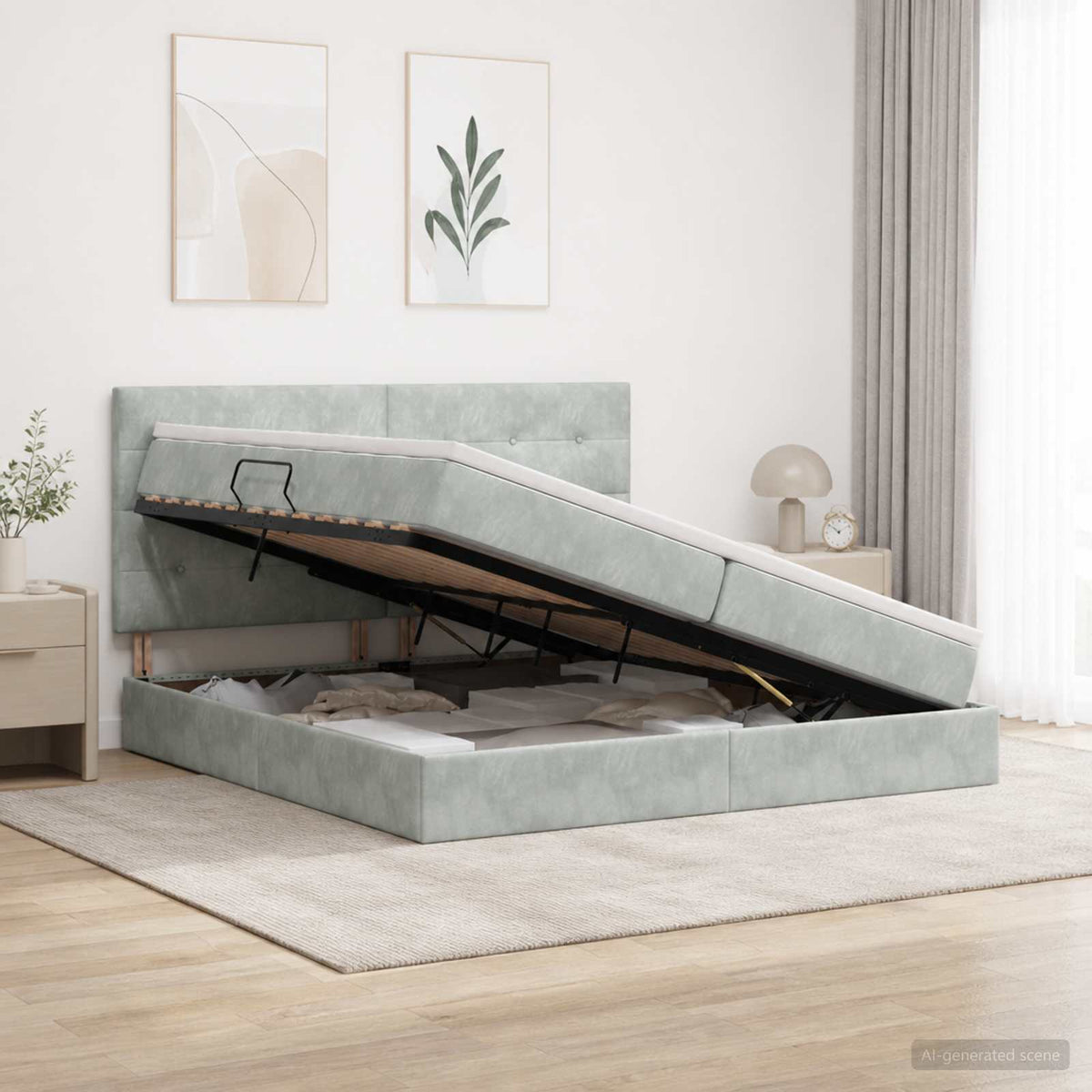 Ottoman-Bett mit Matratze und LED Hellgrau 200 x 200 cm Samt