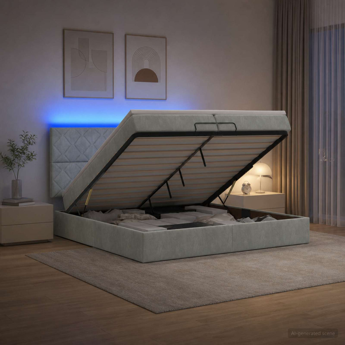 Ottoman-Bett mit Matratze und LED Hellgrau 200 x 200 cm Samt