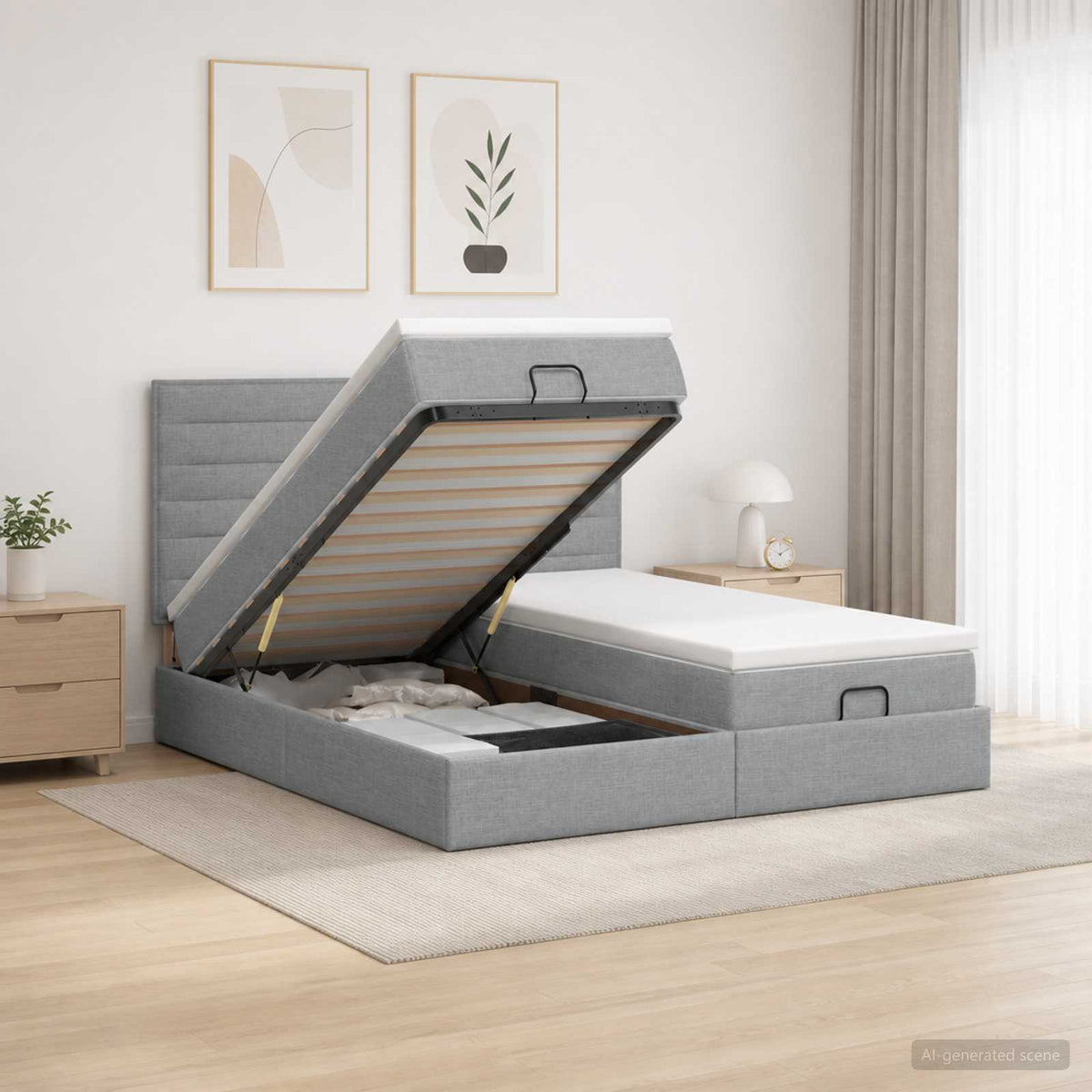 Ottoman Bett mit Matratze mit Kopfteil 2 stk. Hellgrau Stoff