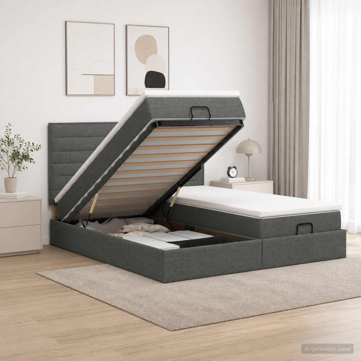 Ottoman-Bett mit Matratze und LED Dunkelgrau 160 x 200 cm Stoff