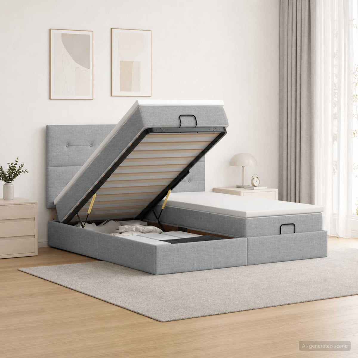 Ottoman-Bett mit Matratze und LED Hellgrau 180 x 200 cm Stoff