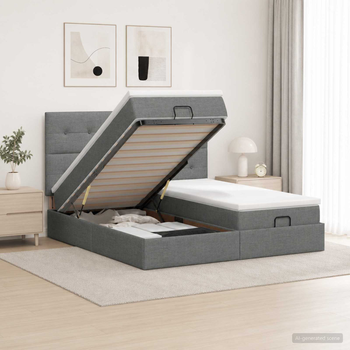 Ottoman Bett mit Matratze mit Kopfteil 2 Stk. Dunkelgrau Stoff